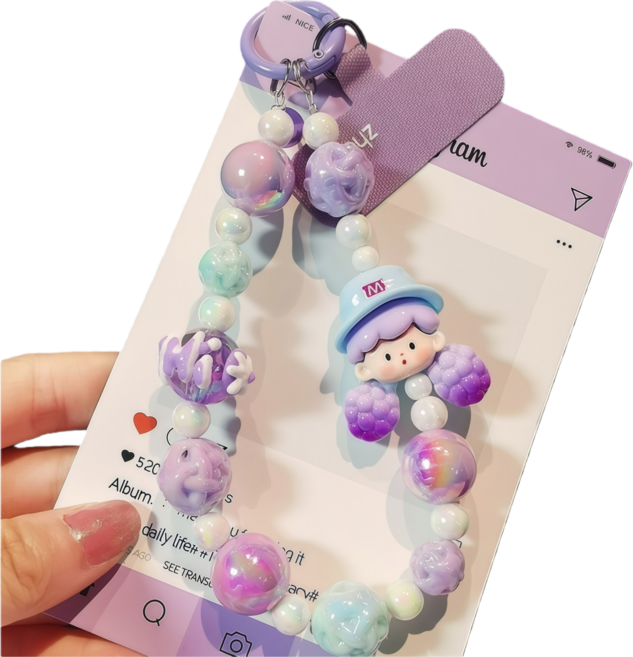 와이비 귀여운 캐릭터 비즈 폰스트랩 가방키링, 1개, 퍼플