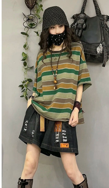 해피유통 여성 100% 반팔 티 컬러 루즈핏 빅 사이즈 스트라이프 상의 jhqgx