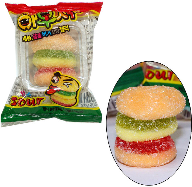 아우셔 햄버거젤리 버거젤리 제리 팔찌캔디 팔찌사탕 스프레이캔디 뿌려먹는사탕 무지개비비사탕 카우보이사탕 구슬초코 초코볼 미니벨 초콜릿 초코렛 달고나 아폴로 옛날과자 불량식품, 1개, 10g