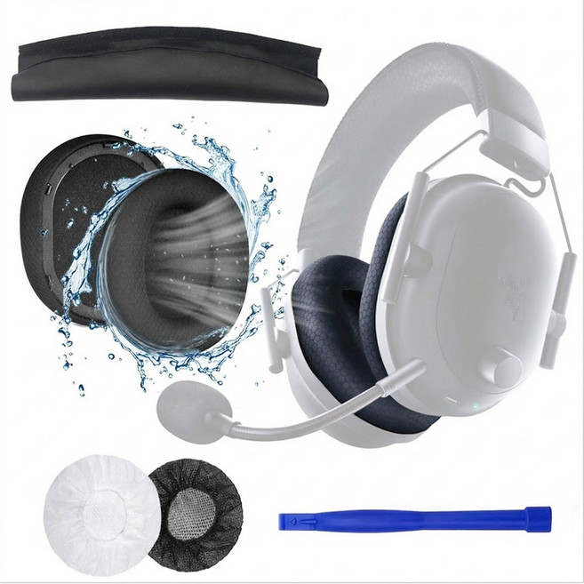 호환 김가루방지 메쉬형 레이저 Razer 샤크 V2 PRO 2023 패브릭 이어패드 교체용 게이밍 헤드셋 커버 솜 쿠션 4종 풀세트, 블랙, 1세트, n1798