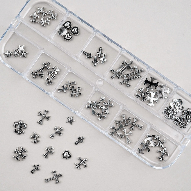 네일스토어 크롬 엔틱 네일파츠 12세트-1 메탈 십자가 별 하트, 1개, 실버믹스