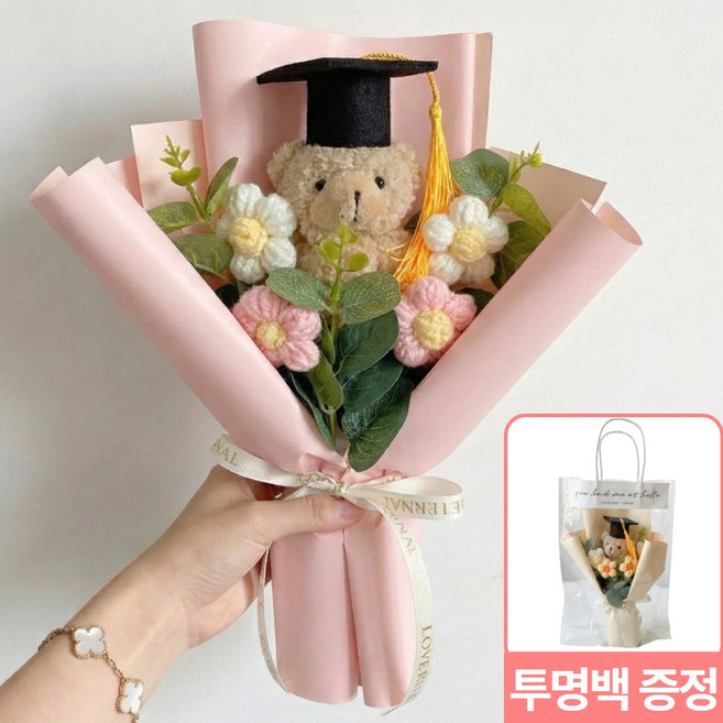 시유타임 인형 꽃다발 학사모 졸업식, 1개, 핑크 꽃다발