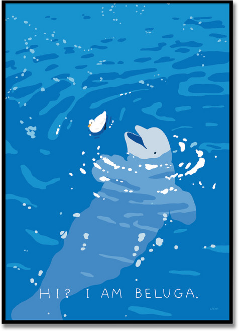 Hi I am Beluga 메종드라차 작가 아이방 인테리어 일러스트 동물 벨루가 물고기 그림 액자, 마호가니 다크 브라운 원목 액자