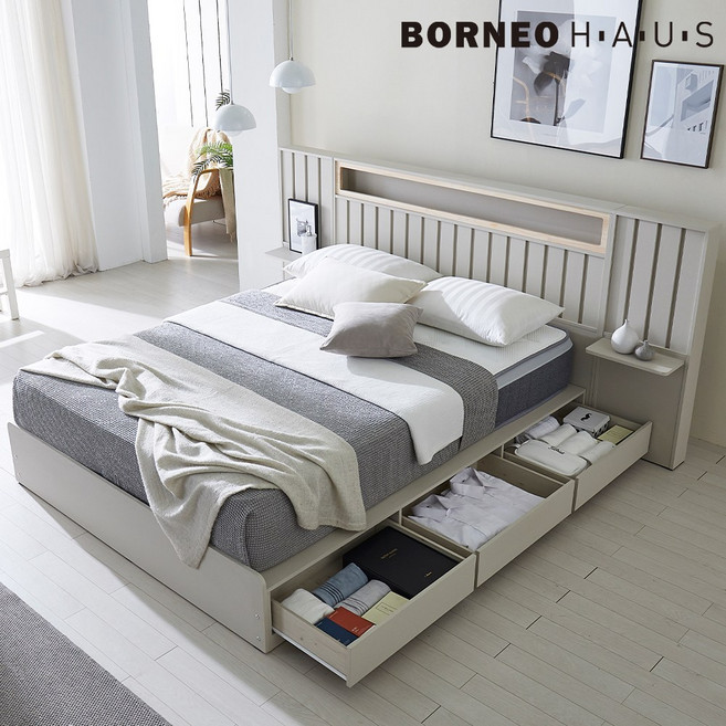 보루네오 엘리브 캐슬 LED 퀸 수납침대 독립 매트리스 세트 sy834-1, 연그레이