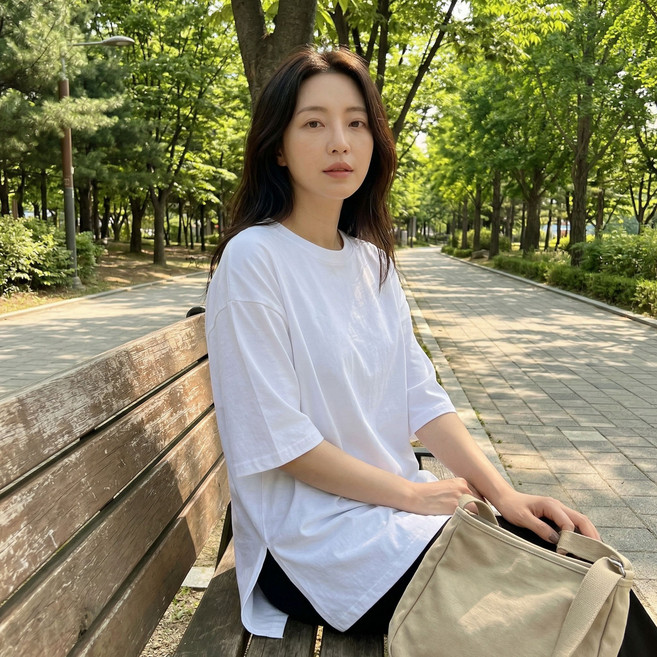 여성용 코튼 라운드 루즈핏 트임 롱 반팔 티셔츠