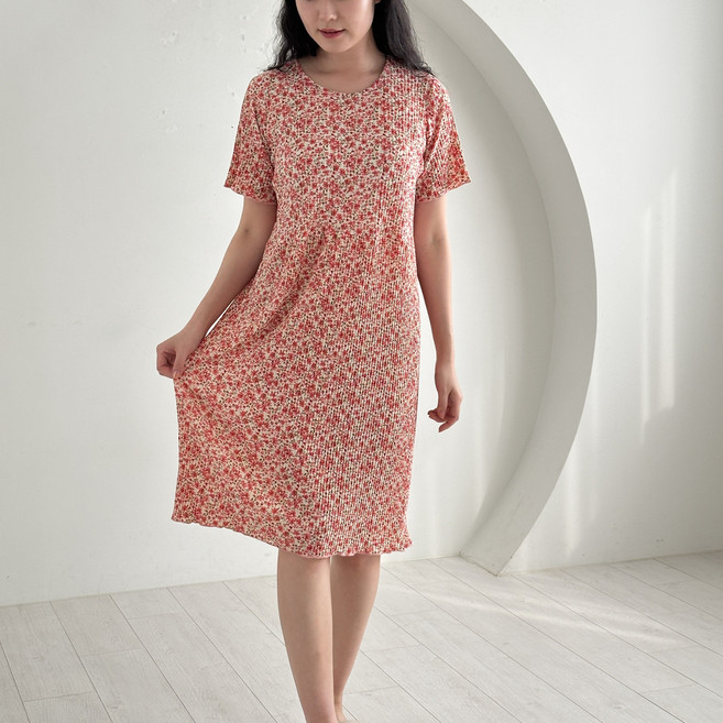 ECLL 할미 플리츠 여성 반팔 원피스 잠옷 촌캉스