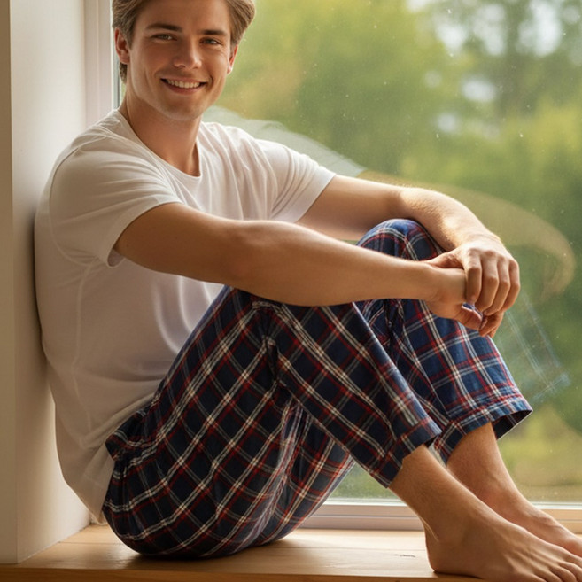 캐리루시 국산 남성 고급 순면 개버딘 체크 9부 파자마