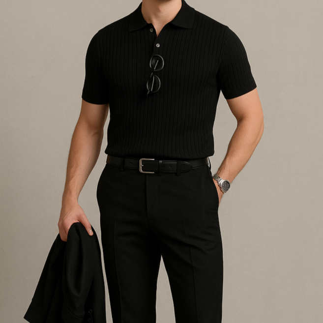 남자 골지 카라 반팔 니트티 슬림핏 여름 니트 카라 셔츠 숏슬리브