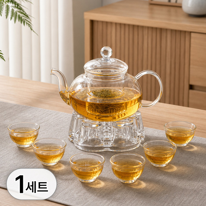 6위 - 투데이리빙 내열유리 티포트 세트 600ml 찻잔 6개 + 주전자 + 받침대, 투명, 찻잔6개+주전자+받침대,