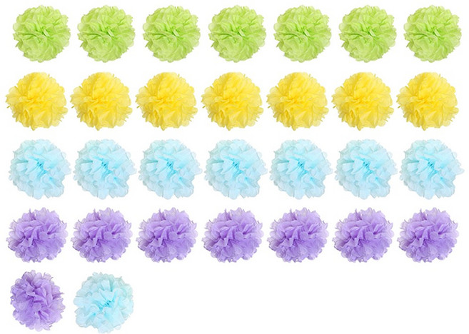 Liik(라이크) 종이 꽃볼 30개 세트 파스텔 폼폼 파티장식 배경꾸미기 생일 이벤트 데코 벽장식, 1세트, 종이꽃볼30개(옐로우7P+블루8P+그린7P+퍼플8P)