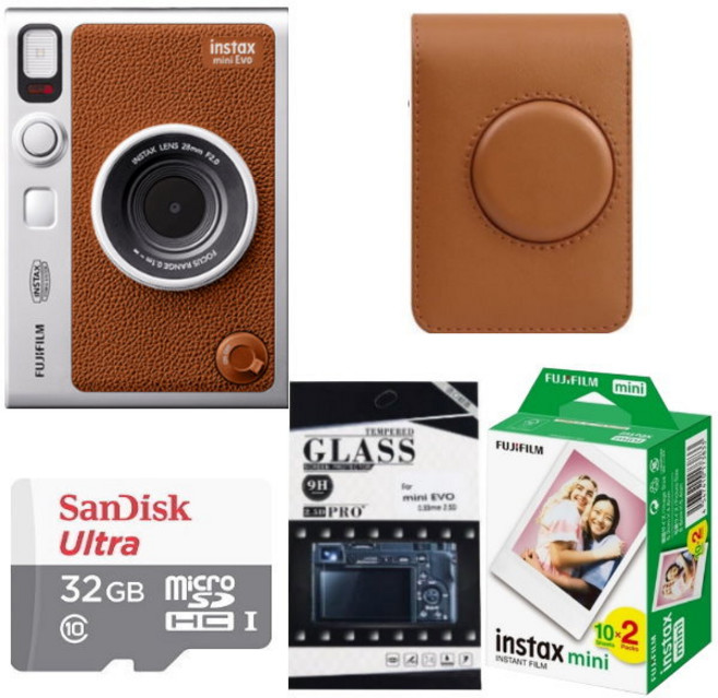 FUJIFILM instax mini Evo 拍立得相機, 1個, EVO棕+記憶卡32g+保貼+副廠直棕包+空白底片20張