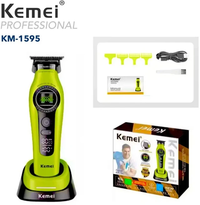 Kemei 외부 로터 브러시리스 모터 업그레이드된 헤어 트리머 전문가용 클리퍼 충전대 남성용 KM-1593, 06 KM-1595 Green