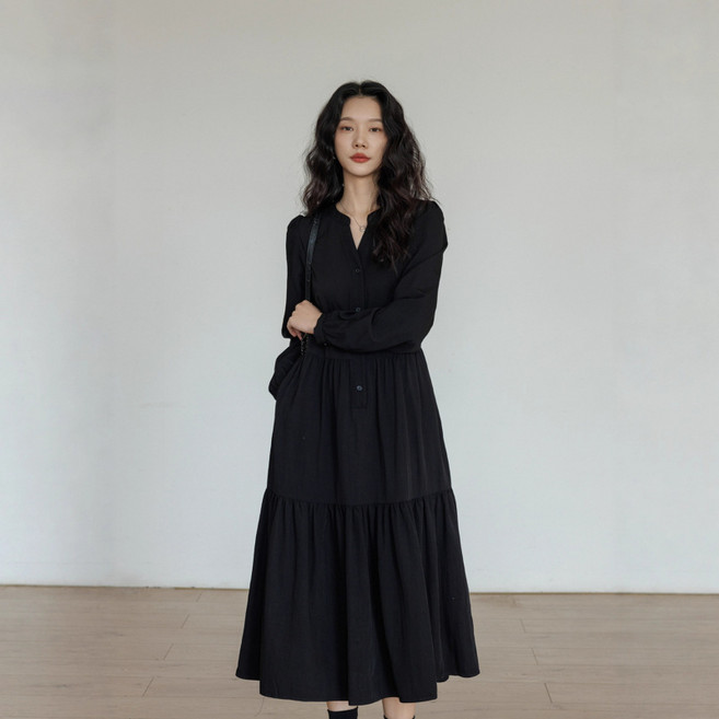 SAHINER 여성 봄가을 긴팔 셔츠형 셔링 롱 원피스 데일리 캐주얼 AQZ44