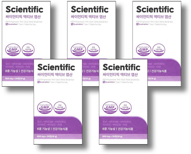 4세대 활성엽산 이노시톨 베타글루칸 비타민 일일권장량 100% 충족 임신준비영양제 싸이언티픽 액티브 엽산, 5박스, 30정