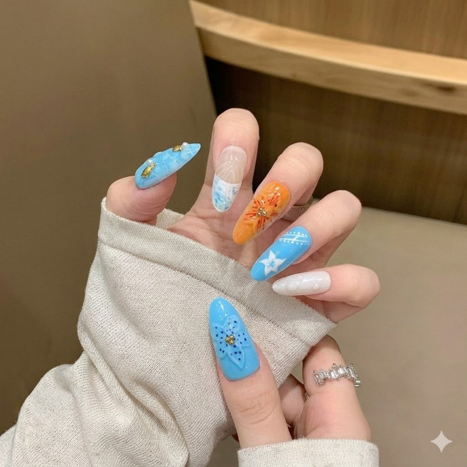 해피유통 썸머 비치 프레스온 네일 블루 오렌지 트로피컬 네일팁 30p, 숏 아몬드 네일, 30팁