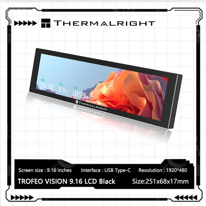 Thermalright TROFEO VISION LCD IPS 디스플레이 화면 9.16인치/자석/1920*480 해상도/USB Type-C 포트, 02 Black, 02 Black