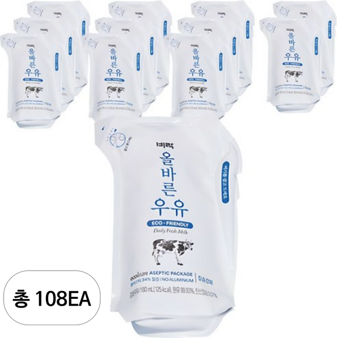 비락 올바른 우유, 108개, 180ml