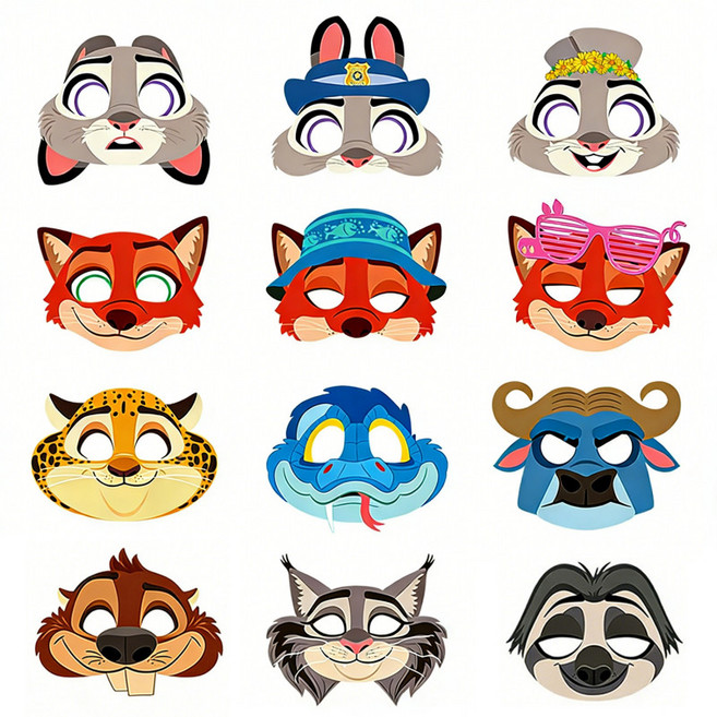 주토피아 파티용품 종이 마스크 문구도매 캐릭터 소품 활용 가능, 12개, 2_동물의 도시 마스크 12개+끈