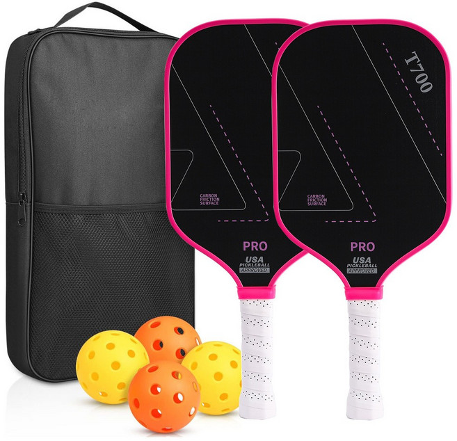 T700 碳纖維 匹克球拍套裝, 玫粉色（2拍+4球+包）, 1套