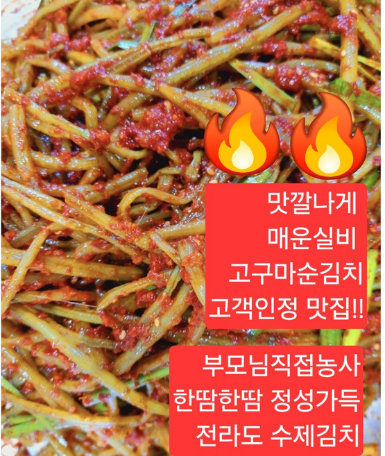 (시즌컴백 핫딜) 맛인정/ 고향의 맛! 울엄니 직접농사 껍질제거 / 스트레스 확 날려주는 매콤한실비 (매운맛) 고구마순김치 (국내산 청양고춧가루), 1개, 500g