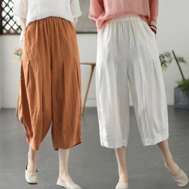 Unique 중년여성 여름 린넨 바지 루즈핏 편안한 7부 조거팬츠 빅사이즈 면마 엄마옷