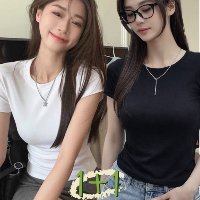 하루엠 세미크롭 여성 반팔 티셔츠 1+1 무지 블랙 화이트