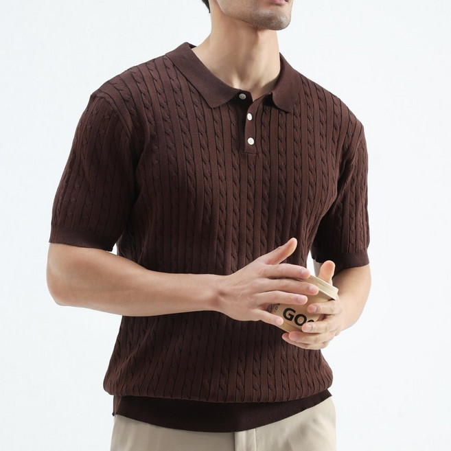 글리멜로 여름 남자 꽈배기 니트 카라 반팔 티셔츠