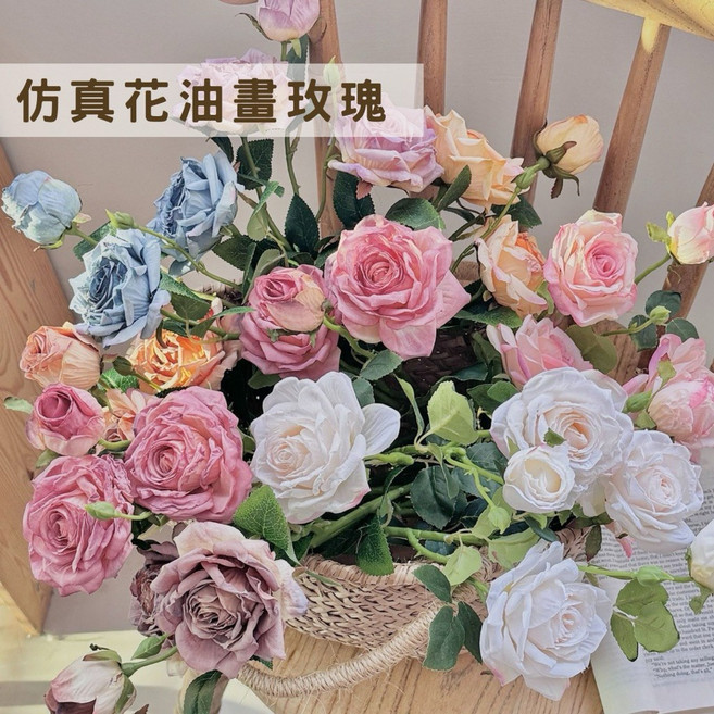 花束 - 復古3頭玫瑰 假花擺設 拍照道具 家居裝飾 婚禮佈置, 白色/仿真油畫玫瑰, 1個