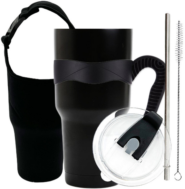 굿아이템 대용량 진공 스텐텀블러 + 밀폐뚜껑 + 손잡이 + 스테인레스빨대 + 세척솔 + 캐리어 풀세트, 블랙, 0.9L, 1개