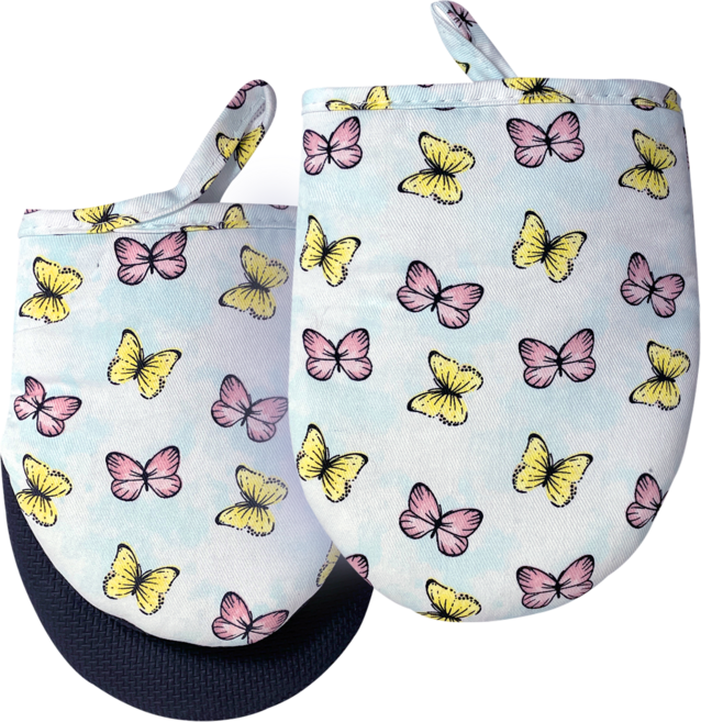 Junvena 미니 오븐 장갑 내열 260도 논슬립 실리콘 그립 나비&토끼 프린트 면 코튼 필링 세탁 가능 걸이 루프 포함 베이킹 요리 캠핑 바베큐, 2개, 나비 패턴