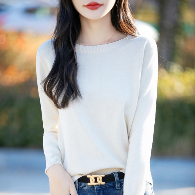 ANYOU 춘추 여성 라운드 긴팔 풀오버 니트 기본
