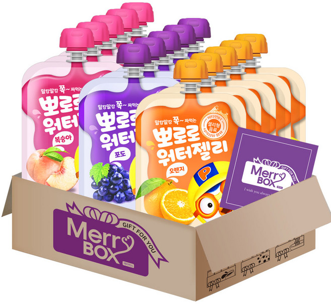 뽀로로 워터젤리 어린이 음료세트 2호 {복숭아+오렌지+포도} 각5개씩+메세지카드, 1박스, 120ml