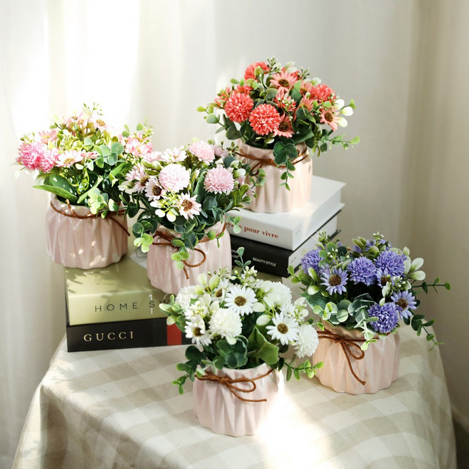 인테리어 미니 조화장식 국화화분 플리츠플라워포트 폼폼데이지, 플리츠화분 폼폼데이지 퍼플, 1개, 플리츠화분 폼폼데이지 퍼플