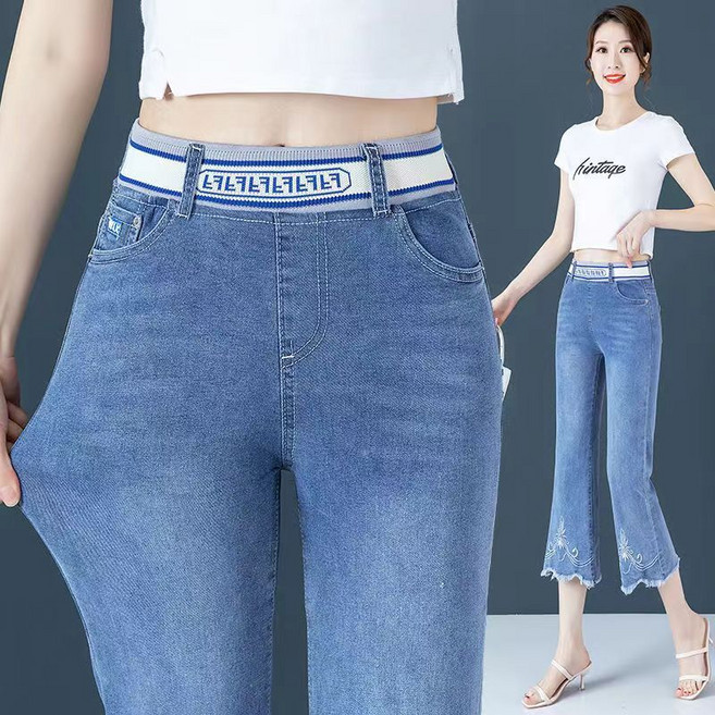 여성용 허리밴딩 세미 청바지 스판 자수 하이웨스트 데님 날씬해 8부 부츠컷 팬츠