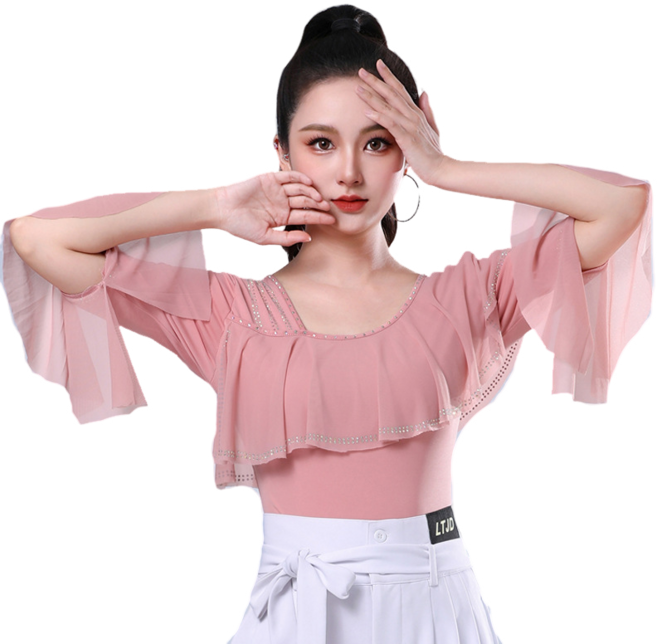 라인댄스복 스포츠댄스복 핫픽스 망사 프릴 소매 티셔츠 댄스복 상의 Women's T-shirt 뉴타임즈