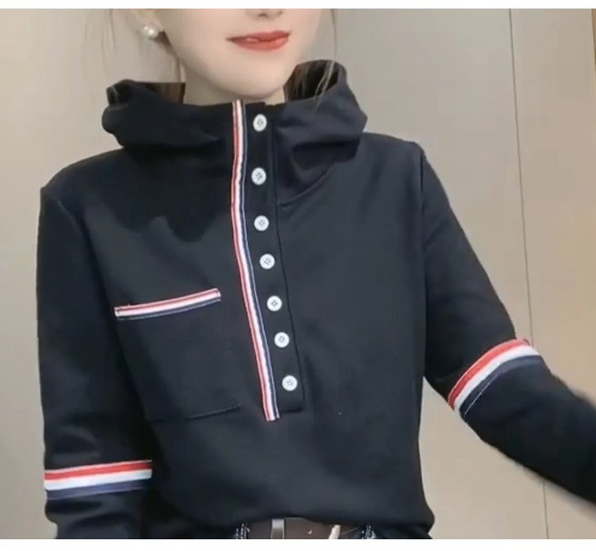 [쉬즈본] 뉴커후드상의/단추 포인트 여성 카라 티셔츠 슬림핏 배색 버튼 긴팔 데일리 미시룩