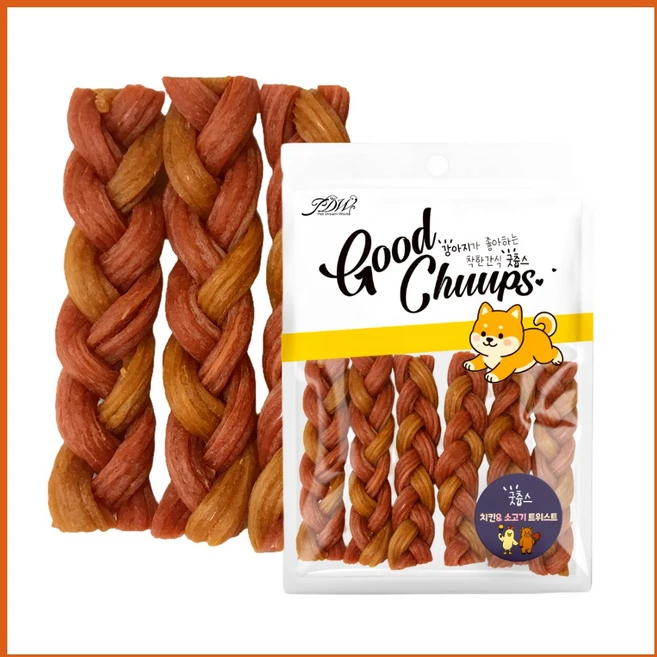 굿츕스 오래먹는 트위스트 강아지껌 개껌 육포 져키 강아지훈련용간식, 소고기 치킨, 200g, 1개 - 쿠팡