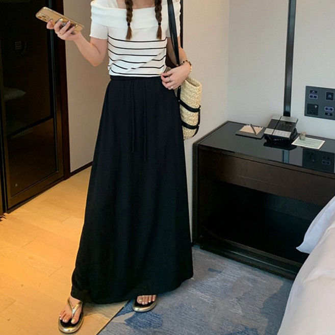 네모엔룩 여성용 맥시맥시롱 허리 밴딩 스트링 무지 일자핏 섹시 롱 스커트 NL