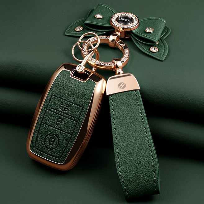 HAKO 소프트 가죽TPU 차키케이스+키홀더+리본 (기아3/4/5버튼호환), K-01, 그린