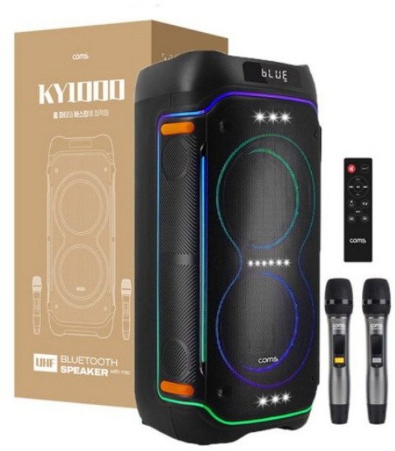 컴스 이동식 블루투스 무선 마이크 앰프 LED 버스킹 스피커, KY1000(100W), 블랙(BLACK)