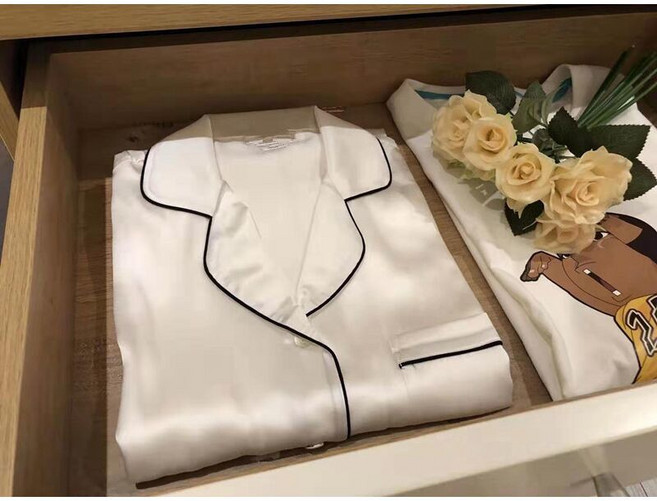 重磅真絲長袖睡衣套裝 男女情侶家居睡衣, 1個, 40姆米白色女XL