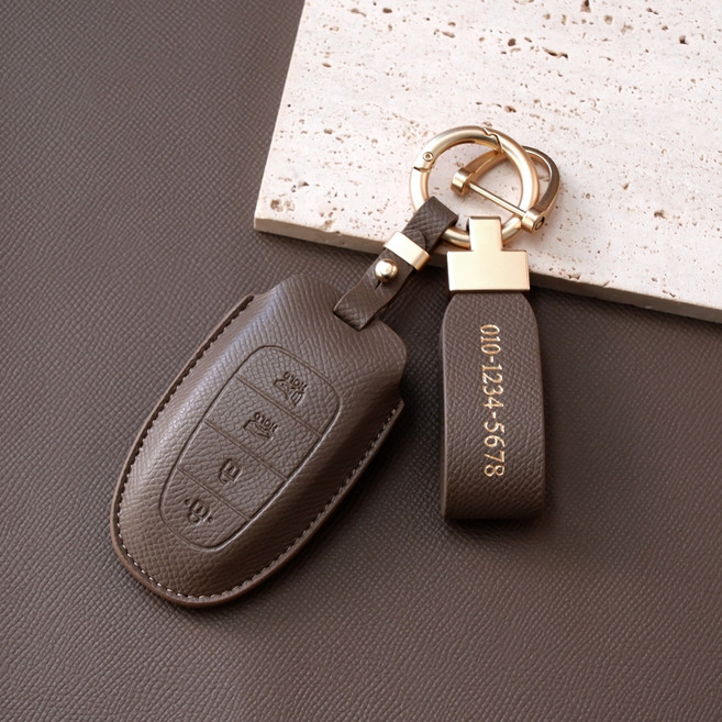 (무료각인)트니르 현대 호환 쏘나타DN8 더뉴그랜저 더뉴싼타페TM 더올뉴투싼NX4 넥쏘 스타리아 더뉴팰리세이드 차 키케이스 가죽 + 키링 차량용품 키홀더, 현대G타입(4버튼), 카푸치노