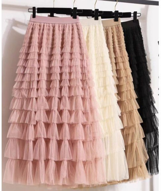 大尺碼 A字網紗蛋糕長裙，氣質飄逸大擺傘裙，黑色中長裙