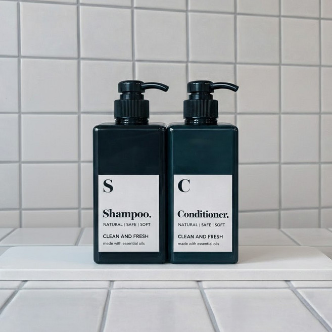 딜라이트홈 심플리 욕실 샴푸병 디스펜서 2개+스티커5종, 1세트, 450ml피코크블루