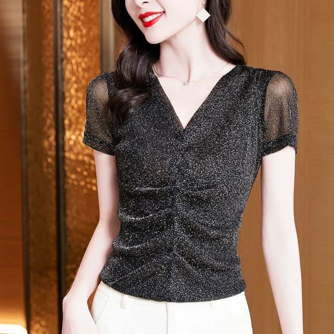 브이넥 망사 티셔츠 여성 반팔