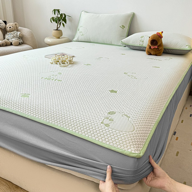 7월 여름 알몸 수면 아이스 두두 냉매트 3종 세트 침대 시트형 아이스 실크 에어컨 부드러운 매트 세탁기 사용 가능 얇은 패드, 90x200cm[단일 매트], 카피발라-그린 [장착 시트형--세탁기 사용 가능]
