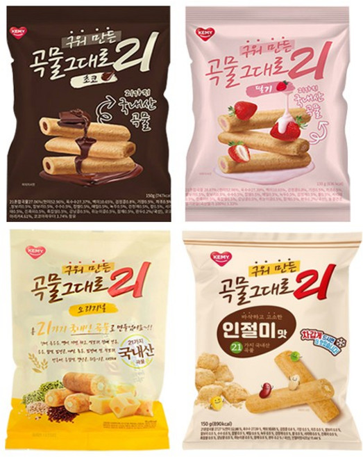 곡물그대로21 크리스피롤 4종 패키지 (오리지널+딸기+인절미+초코), 1세트, 600g