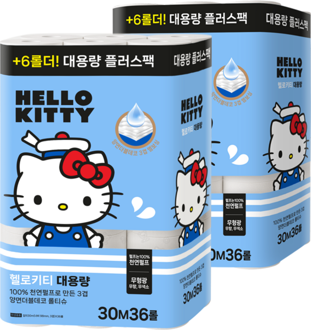 헬로키티 대용량 플러스팩 롤 화장지, 2개, 36롤, 30m