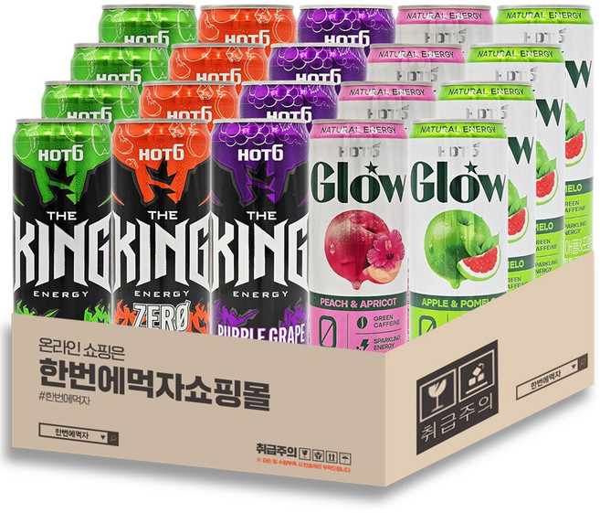 [한번에먹자] 핫식스 혼합세트 (더킹 애플홀릭 + 더킹 제로아이스피치 + 더킹 퍼플 + 글로우 피치 + 글로우 애플) 각4개씩, 20개입, 355ml