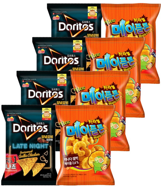 롯데 크라운 도리토스 양념갈비치킨 84gx4P+카라멜 메이플콘 74gx4P (총8P) 과자세트, 1세트, 632g